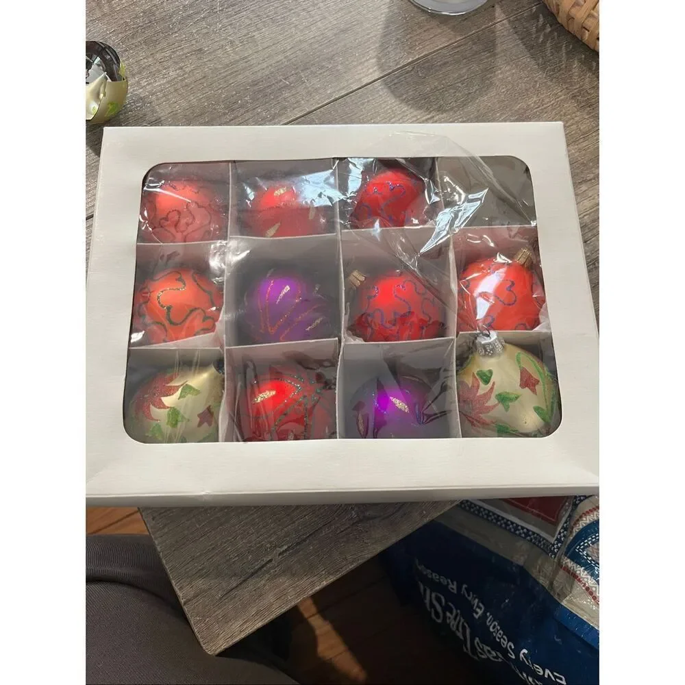**RARE** Crate and Barrel Box of Jeweltone Glass Ornaments - Set of 11 vintage C